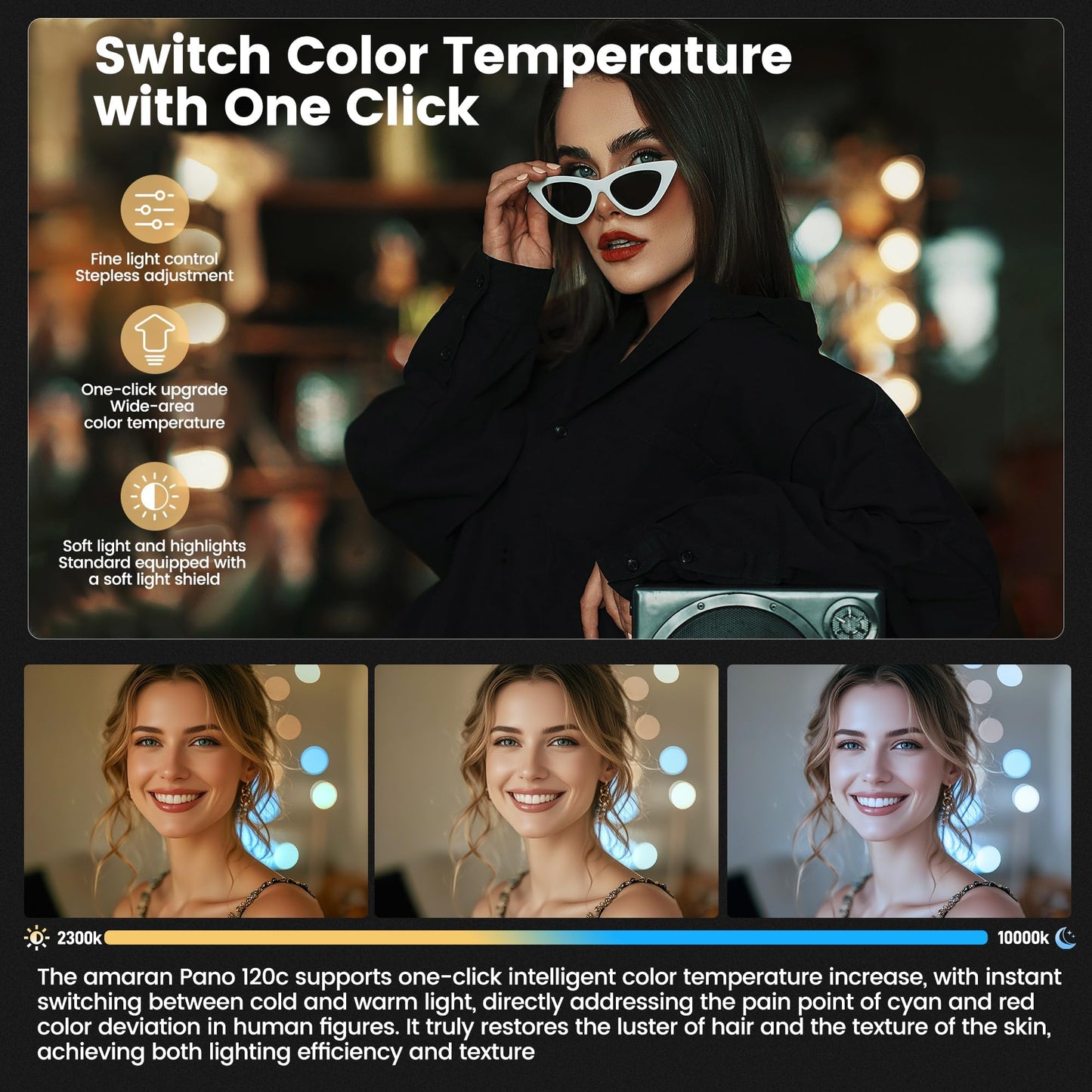 Amaran Pano 120c Kit Led Video Panel Light 120W RGBWW Full Color Lights,CCT 2,300K-10,000K,12 Lighting Efects,App Control,Support USB-C PD,with Softboxes and Carrying Case (Charcoal)