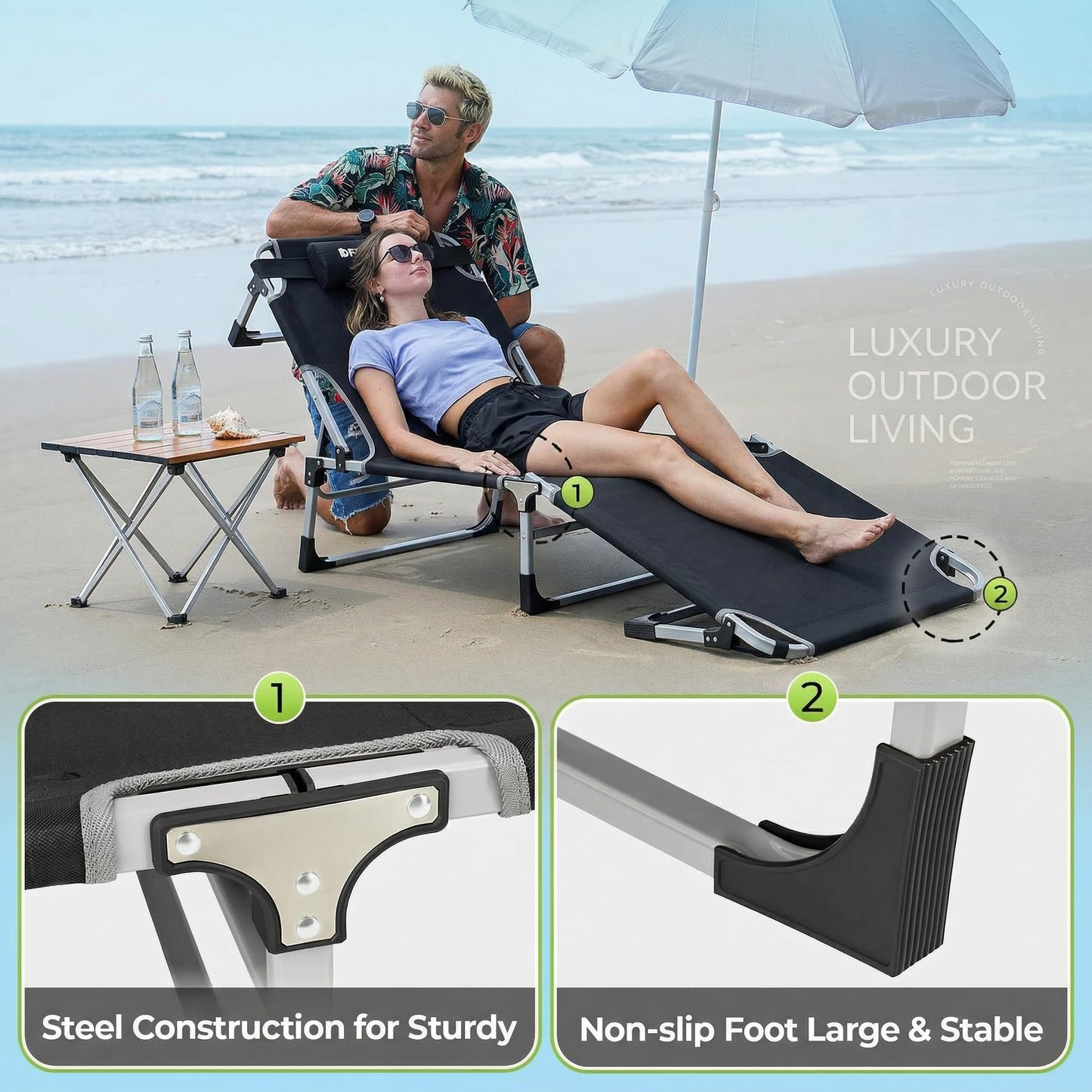 FUNDANGO Oversize Lounge Chair Outdoor, 300 lbs Large Camping Cots for Adults Heavy Duty Extra Wide Sturdy with Pillow for Outside Patio Beach Pool