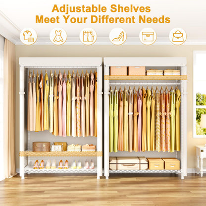 ULIFHOME H5C Plus Clothes Rack with Cover, Portable Closet for Hanging Clothes, Covered Clothing Racks Heavy Duty, Garment Racks with Shelves, Max Load 370LBS, White Closet Rack with White Cover