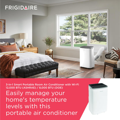 Frigidaire 3-in-1 Smart Portable Room Air Conditioner with Wi-Fi 12,000 BTU (Ashrae) / 8,000 BTU (DOE), Cools Up to 550 Sq. Ft., Quiet Operation, White