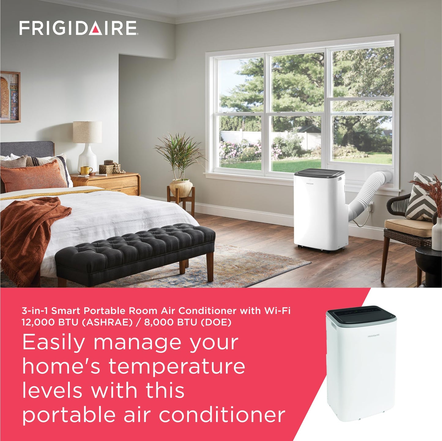 Frigidaire 3-in-1 Smart Portable Room Air Conditioner with Wi-Fi 12,000 BTU (Ashrae) / 8,000 BTU (DOE), Cools Up to 550 Sq. Ft., Quiet Operation, White