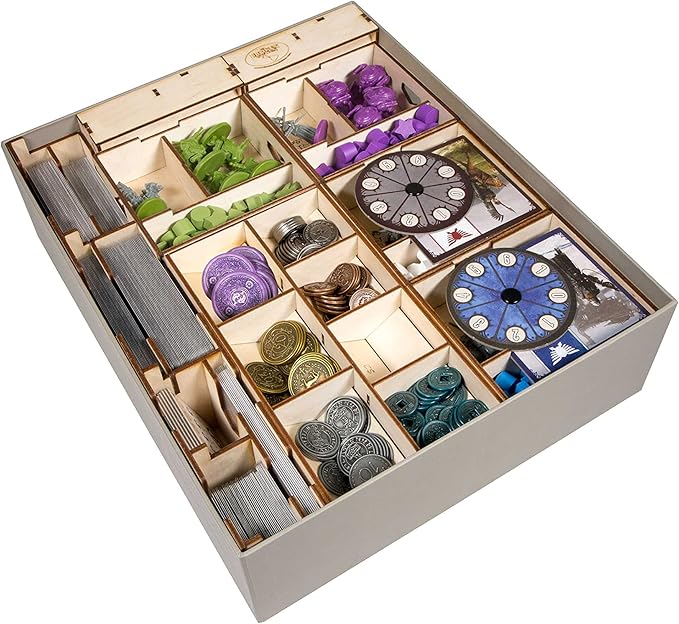 The Broken Token Game Organizer Compatible with Scythe - Wooden Game Organizing Box with Multiple Trays