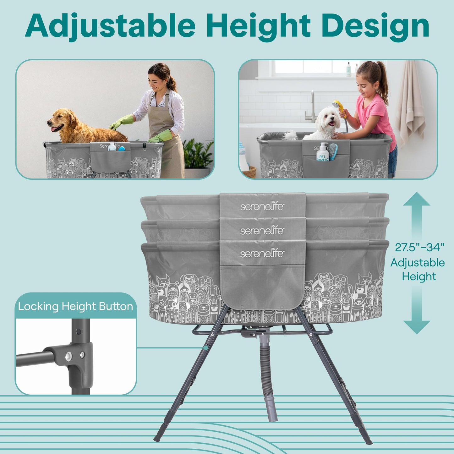 SereneLife Foldable Dog Bath Tub with Adjustable Height, 360° Access, Drain Hose & Storage Pockets – 130 lb Capacity Grooming Station for Indoor/Outdoor Use (Gray)