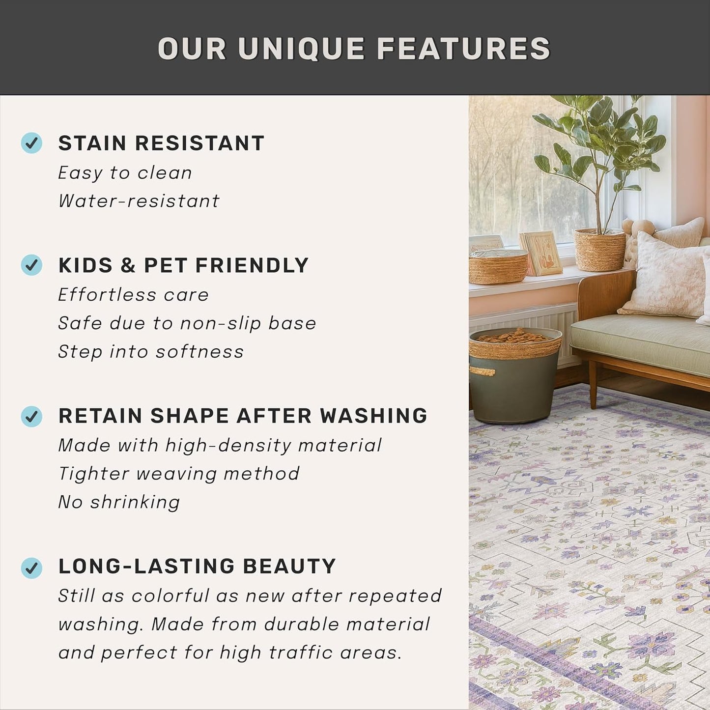 Skiennix Light Purple Area Rug - Non-Slip, Washable, Low Pile | 5x7 for Girls' Bedroom & Nursery