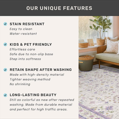 Skiennix 8x10 Large Lavender Area Rug - Floral Design, Non-Slip, Stain Resistant, Washable Carpet