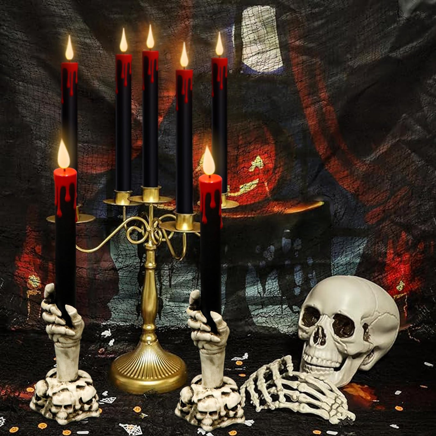 Wondise Halloween Flameless Taper Candles with Remote and Timer, Black Battery Operated Dripping Wax LED Flickering Candles with Skeleton Hand Holders for Halloween Decoration(2 Pack, 3” x 12”)