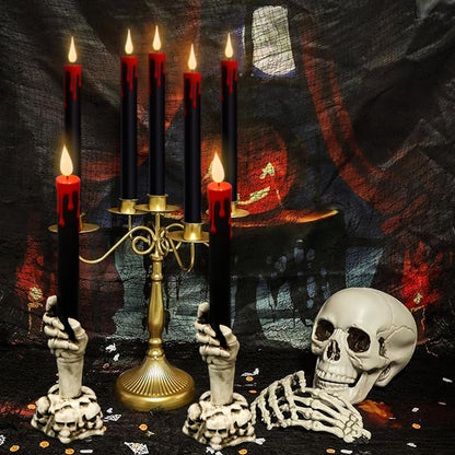 Wondise Halloween Flameless Taper Candles with Remote and Timer, Black Battery Operated Dripping Wax LED Flickering Candles with Skeleton Hand Holders for Halloween Decoration(2 Pack, 3” x 12”)