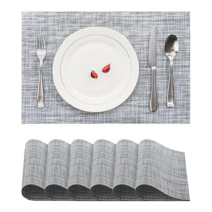 BACKTOEDEN Placemats Set of 6 Heat Resistant Washable Wipeable Placemat Woven Non-Slip Foldable Vinyl/Plastic Place Mats Indoor/Outdoor Mat Kitchen Dining Table Pad, Gray