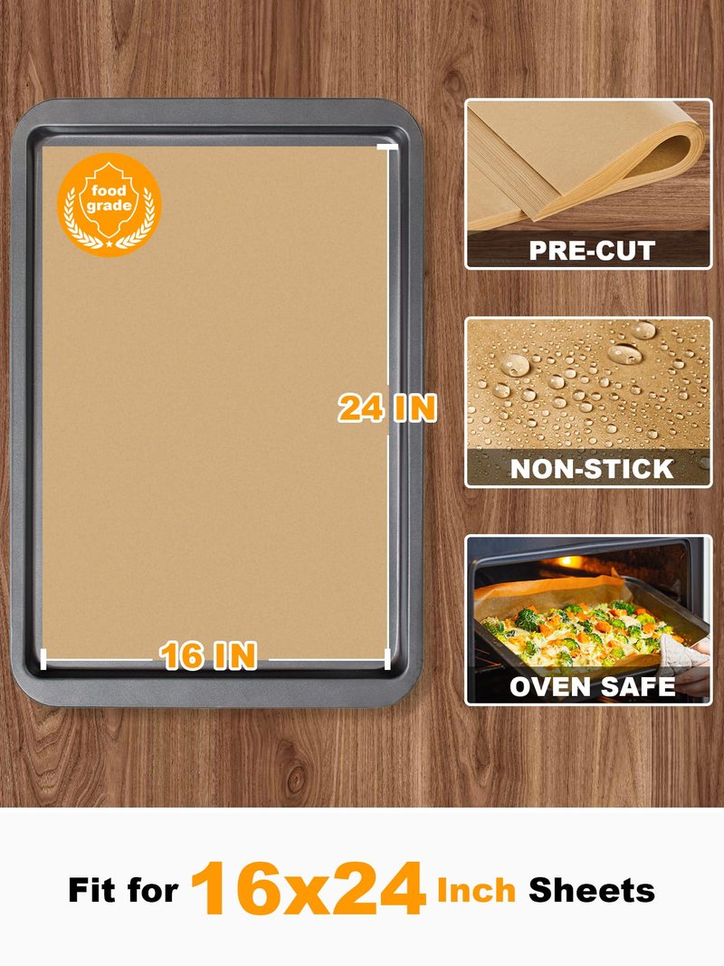 SMARTAKE 200 Pcs Parchment Paper Baking Sheets, 16x24 Inches Non-Stick Precut Baking Parchment, for Baking Grilling Air FSteaming Bread Cup Cake Cookie and More (Unbleached)