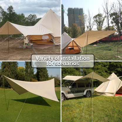 DANCHEL OUTDOOR Waterproof Bell Tent Awning Camping Tarp – Portable Entrance 4 Season Canopy Cover with 6.5ft Poles, Khaki 13x9.8ft Glamping Accessories