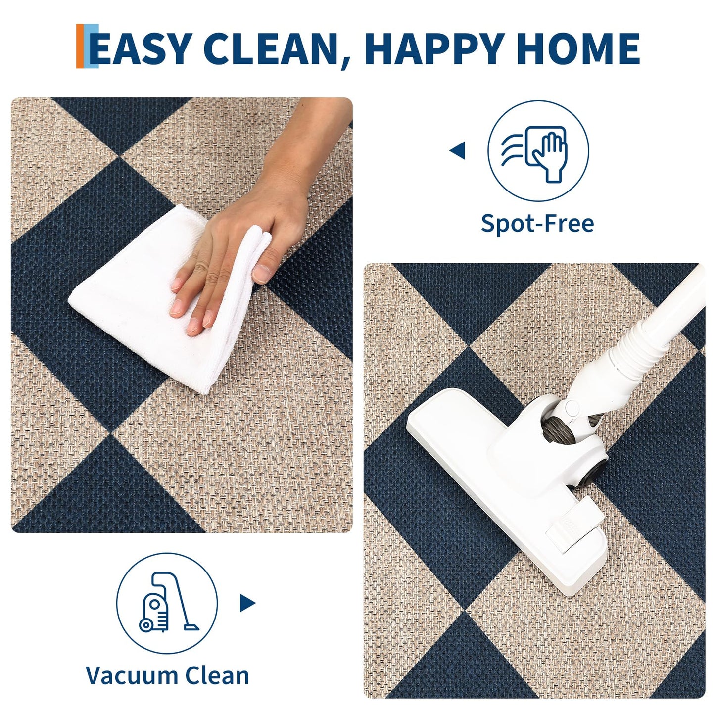 GarveeHome Easy Jute 8x10 Area Rugs for Living Room Checkered Rugs Machine Washable Non-Slip Backing Indoor Outdoor Carpets for Farmhouse Dining Room Nursery Patio Navy Blue
