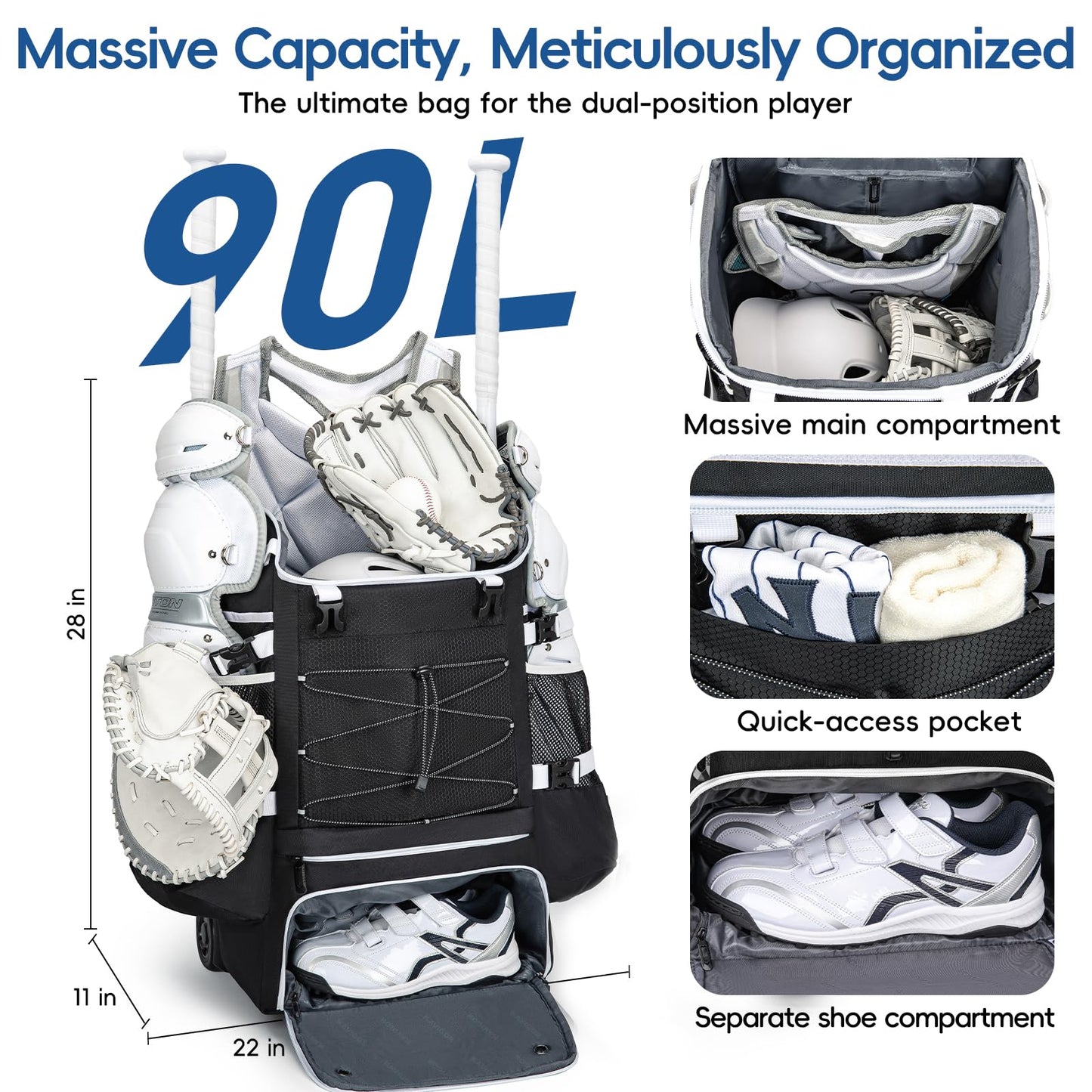 KAVIGOR Catchers Gear Bag with Wheels, 90L Rolling Baseball/Softball Bag Holds 2 Sets of Gear with Glove Compartment, Helmet Holder & Shoe Compartment