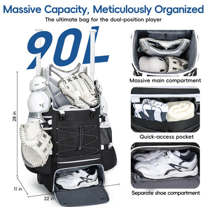 KAVIGOR Catchers Gear Bag with Wheels, 90L Rolling Baseball/Softball Bag Holds 2 Sets of Gear with Glove Compartment, Helmet Holder & Shoe Compartment