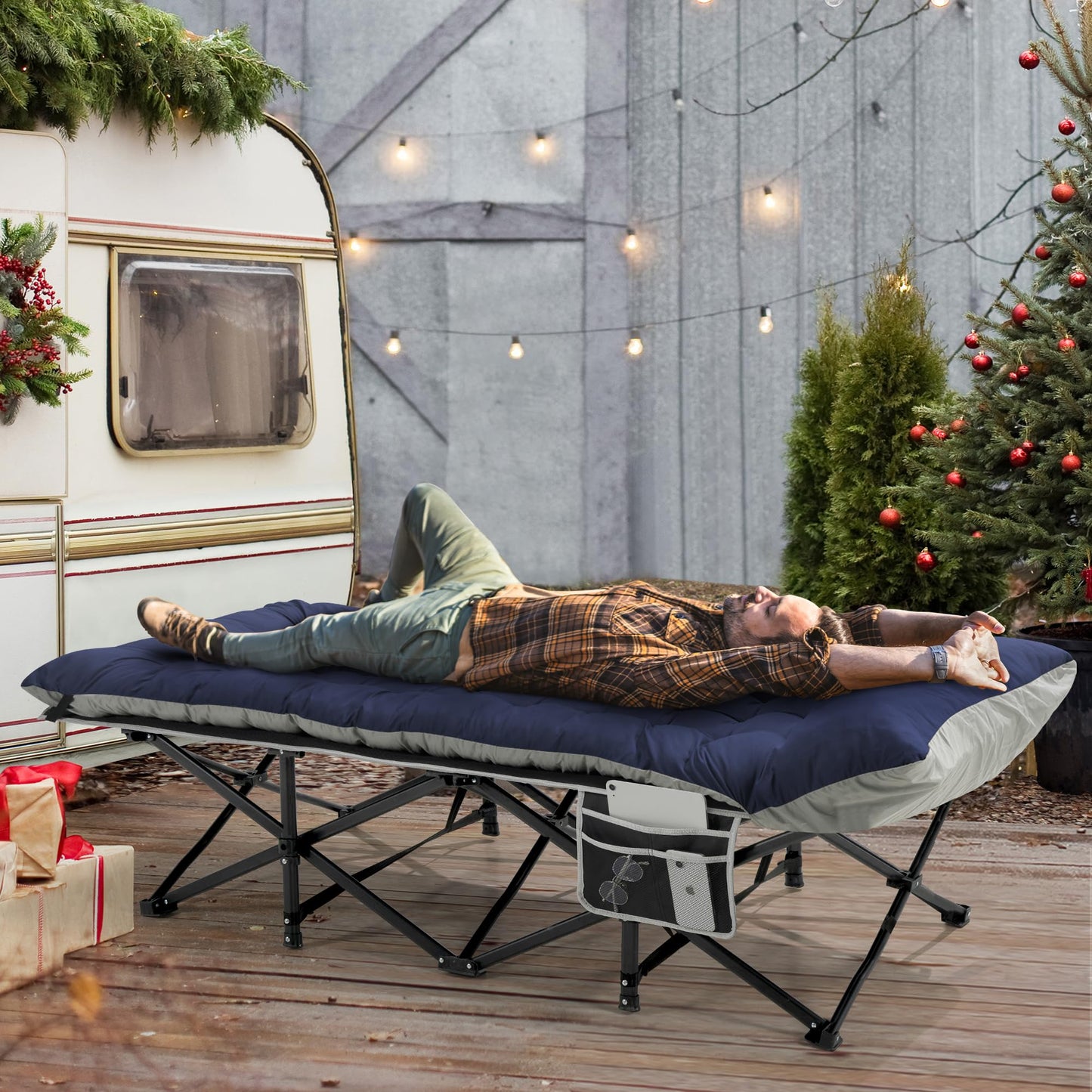 Fragess Portable Camping Cot, 32" Extra Wide Camping Cots for Everyone with Thick Cushion, Heavy Duty Sleeping Cot Holds Up to 600LBS, Cots for Sleeping, Rv, Beach, Patio, Office Naps(Blue)
