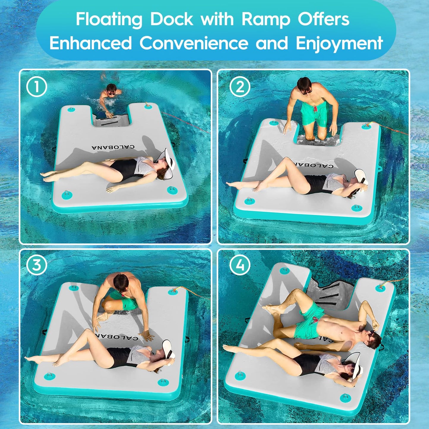 CALOBANA 8ft×6ft Inflatable Floating Dock with Dog Ramp, Float Island with Boat Ramp for Adults & Pets, Heavy Duty Lake Dog Raft Dock Platform with Ladder for Sea or River,Party,Grey+Mint Green