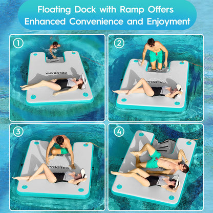 CALOBANA 8ft×6ft Inflatable Floating Dock with Dog Ramp, Float Island with Boat Ramp for Adults & Pets, Heavy Duty Lake Dog Raft Dock Platform with Ladder for Sea or River,Party,Grey+Mint Green