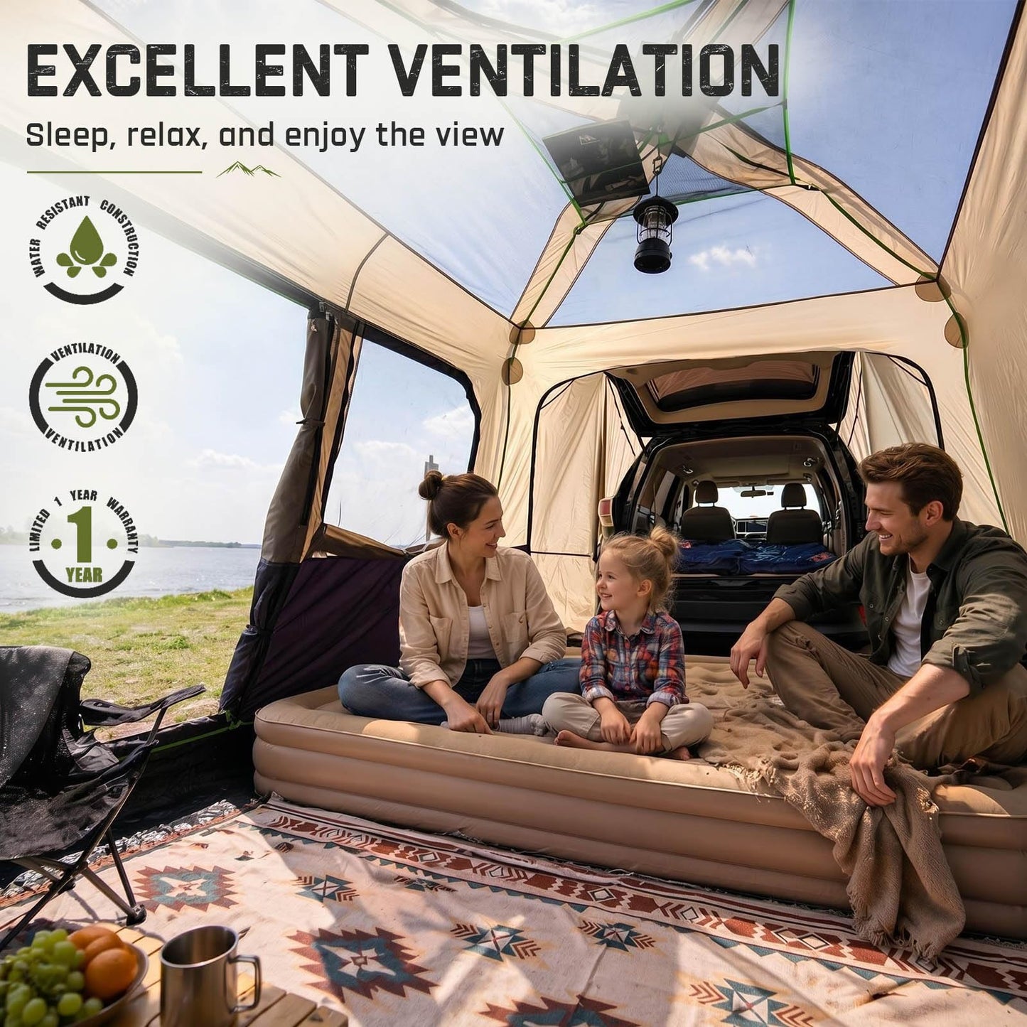 Happy Travel SUV Tents for Camping, 6 Person Instant Tent with 60 Seconds Easy Setup, Waterproof Car Tailgate Cabin Tent with Rainfly for Family Camping, Expandable Carry Bag,10' W X 10' L X 7.1' H