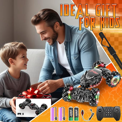 RC Stunt Car 2.4GHz LED Gesture Sensing 4WD Double Sided Rotation with Lights and Music All Terrain Rotation Drift Car - Birthday Gifts for Boys &amp Girls (Black)