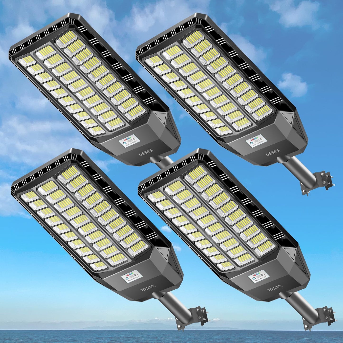 Deepn Solar Street Light, Commercial Grade Solar Lights Outdoor IP67 Waterproof, 8700W LED Flood Security Lights Motion Sensor & Dusk to Dawn Outdoor Lighting for Parking Lots, Streets & Yard, 4 Pack