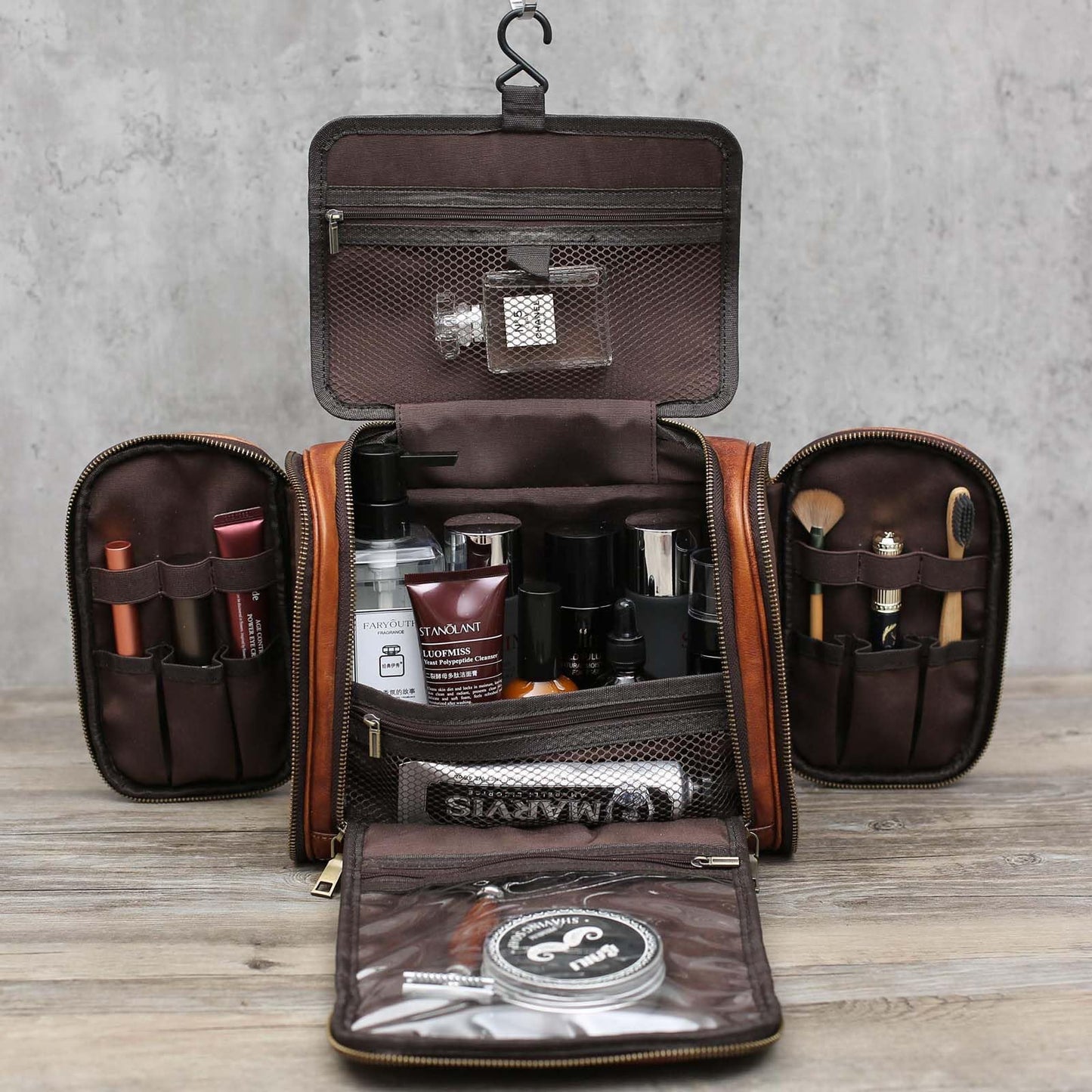 RC ROCKCOW Toiletry Bag For Men, Genuine Leather Toiletries Organizer, Large Travel Hanging Toiletry Bag Water-resistant Bathroom Shaving Kit for Cosmetics, Makeup Case Travel Dopp Kit