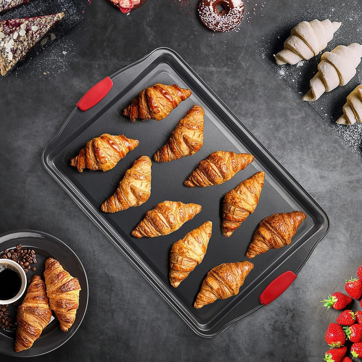 Skiennix Baking Sheet Set - 3-Piece Nonstick Cookie Sheets with Silicone Handles | Durable Steel Pans - Black