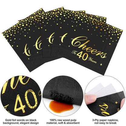 durony 60 Pieces Cheers to 40 Years Paper Napkins Black Gold Foil 3-Ply Party Napkins Folded 5 x 5 Inch Cocktail Napkins for 40th Anniversary Birthday Retirement Party Supplies Decorations