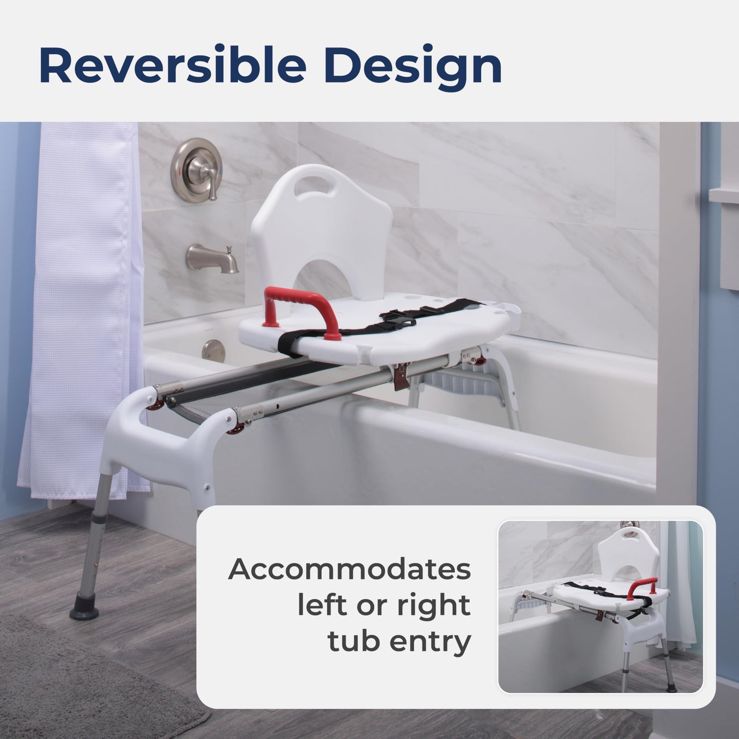 Drive Medical RTL12075 Adjustable Height Sliding Bathtub Transfer Bench Shower Chair with Armrests and Seatbelt, 300 Pound Weight Capacity, White