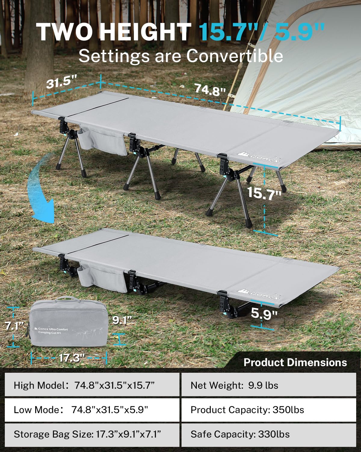 Gonex 31.5" Extra Wide Camping Cot with Leg Extenders 2 in 1 Portable Folding Cot for Adults Height Adjustable Supports 350lbs Sleeping Bed for Backpacking Travel Beach Home (Grey)