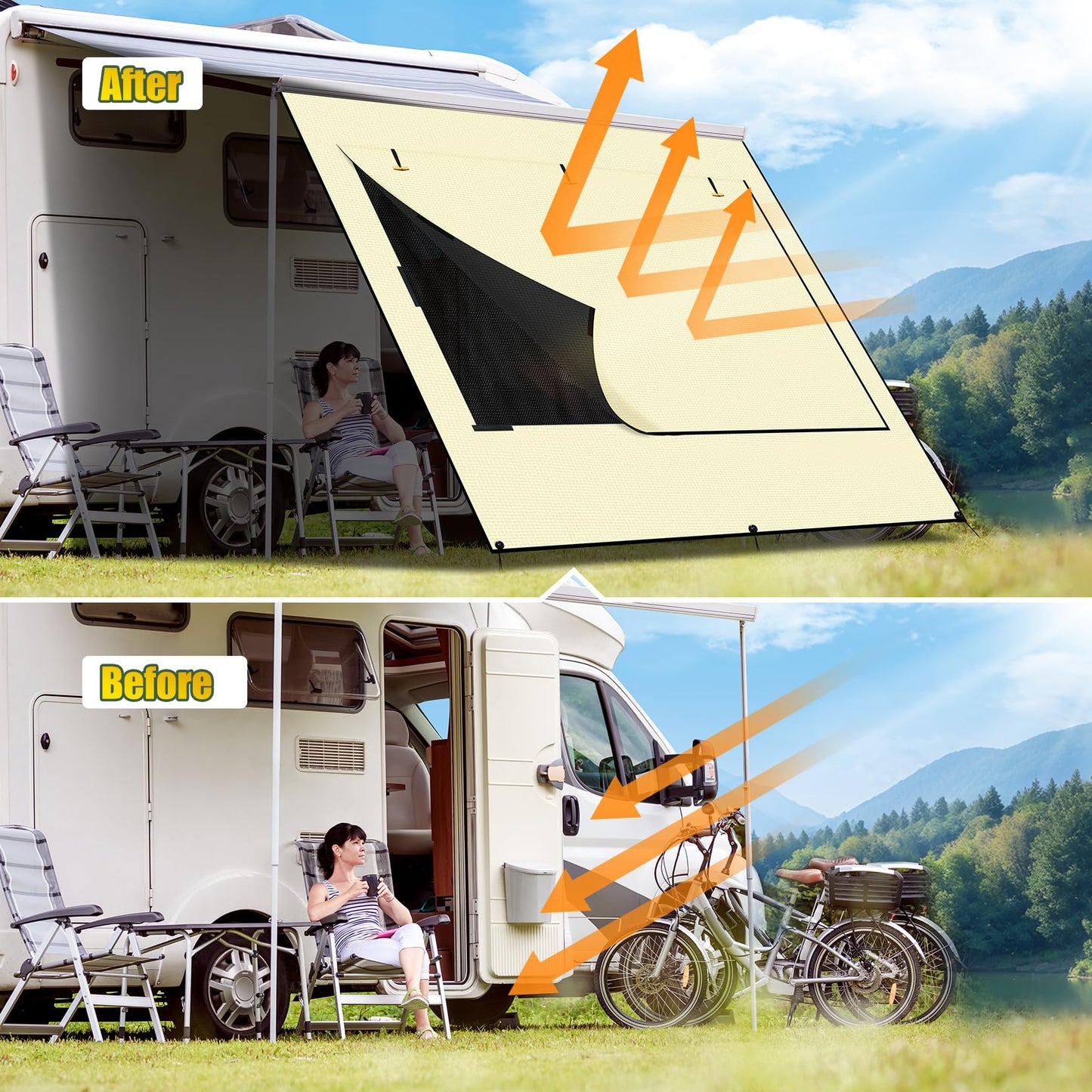 Upgraded RV Awning Sun Shade Screen with Privacy Curtain | UV Protection & Waterproof Polyester Fabric | Easy Installation for Campers, Trailers, Motorhomes (Beige, 8'X15'3'' for 16 ft Awning)