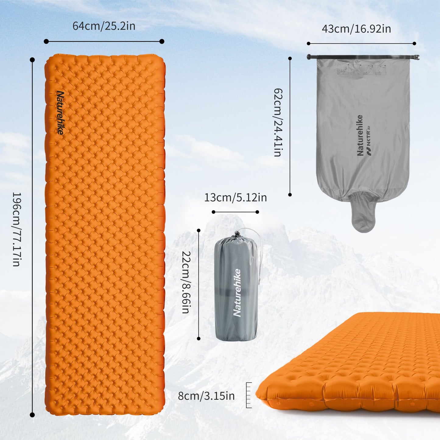 Naturehike Ultralight Insulated Sleeping Pad with R5.8, 3.2in Thickened Patchworkable Inflatable Double Sleeping Mat for Camping, Hiking, Climbing with Inflatable Bag (Orange-Rectangular-Large)