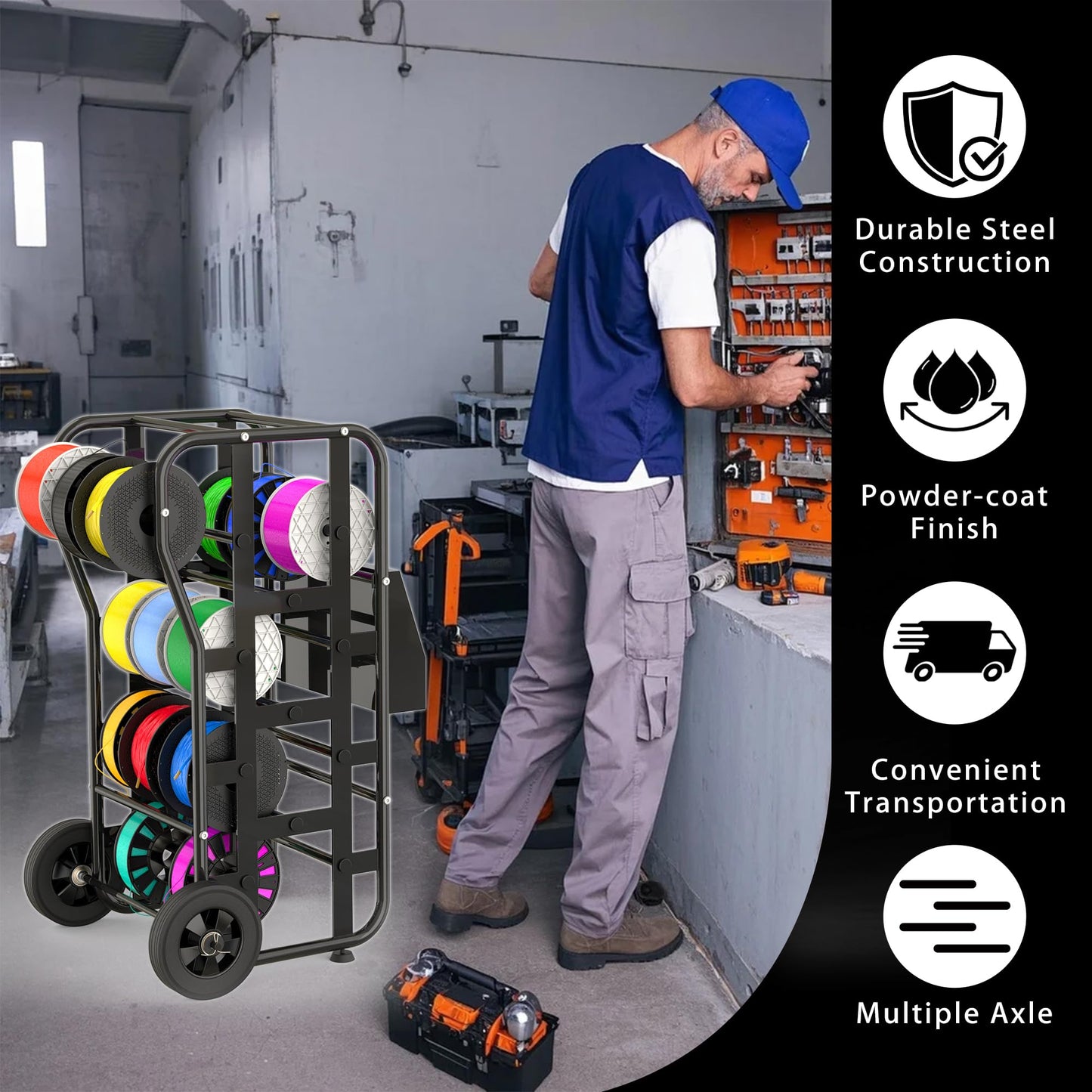 Wire Spool Rack for Wire Spool, Portable Wire Rack Dispenser with Wheels, Automotive Wire Storage, Multi-Spool Wire, Cable Dispenser, Electrical Wire Spool Holder Cart with Storage Tray (Black)