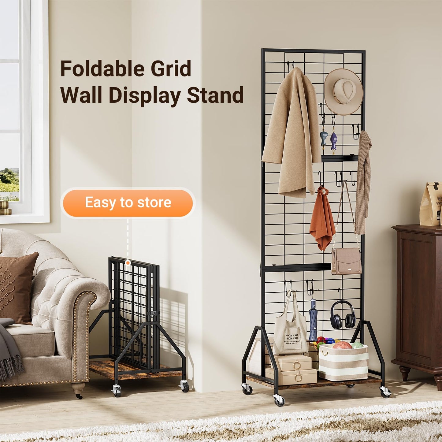 ELYKEN 2 Pack Foldable Grid Wall Panels 5.7' x 2' FT, Movable Wire Gridwall Display Rack with Wheels and Adjustable Foots, Retail Display Stand for Vendor with Storage (Rustic Brown)