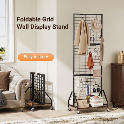 ELYKEN 2 Pack Foldable Grid Wall Panels 5.7' x 2' FT, Movable Wire Gridwall Display Rack with Wheels and Adjustable Foots, Retail Display Stand for Vendor with Storage (Rustic Brown)