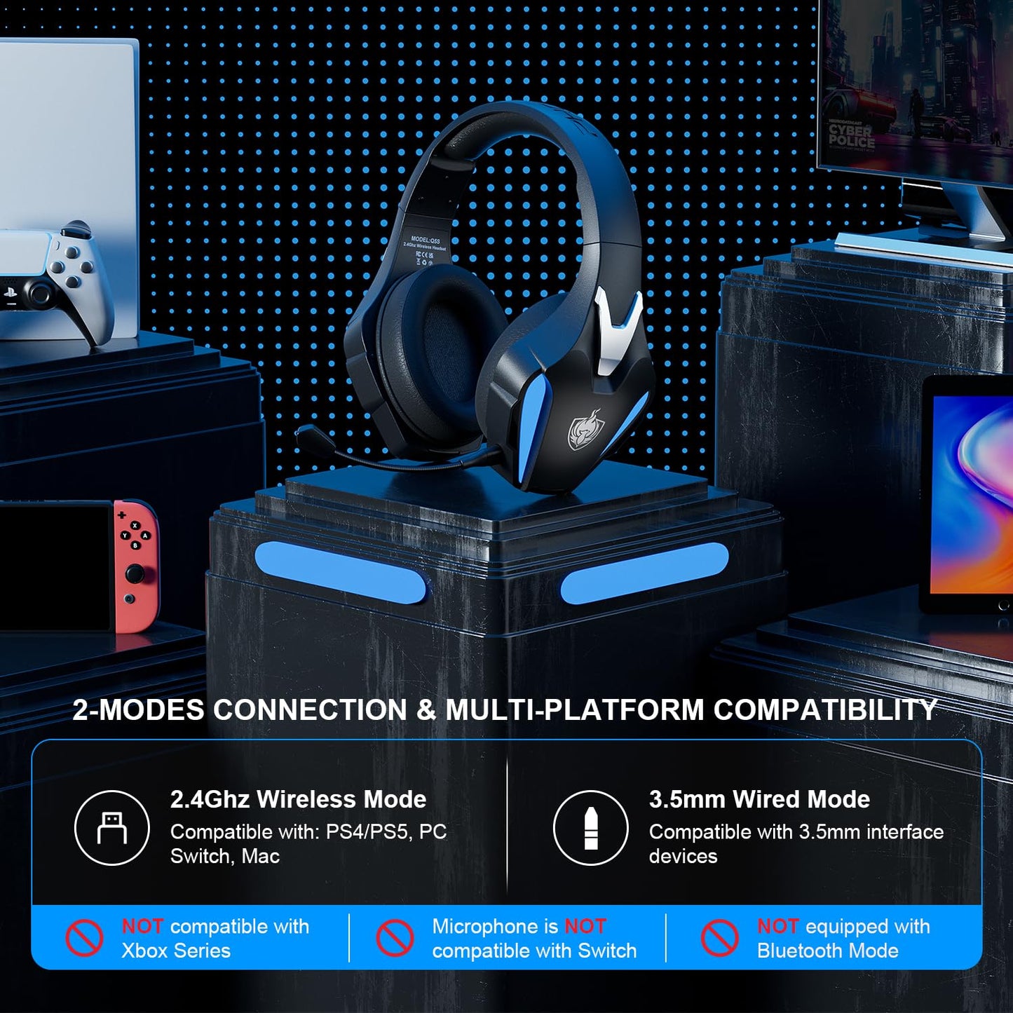 PHOINIKAS Wireless Gaming Headset for PS4 PS5 PC Switch, Wireless 2.4GHz Gaming Headphones with Detachable Noise Canceling Mic, 7.1 Stereo Sound, Only 3.5mm Wired Mode for Xbox Seires - Blue
