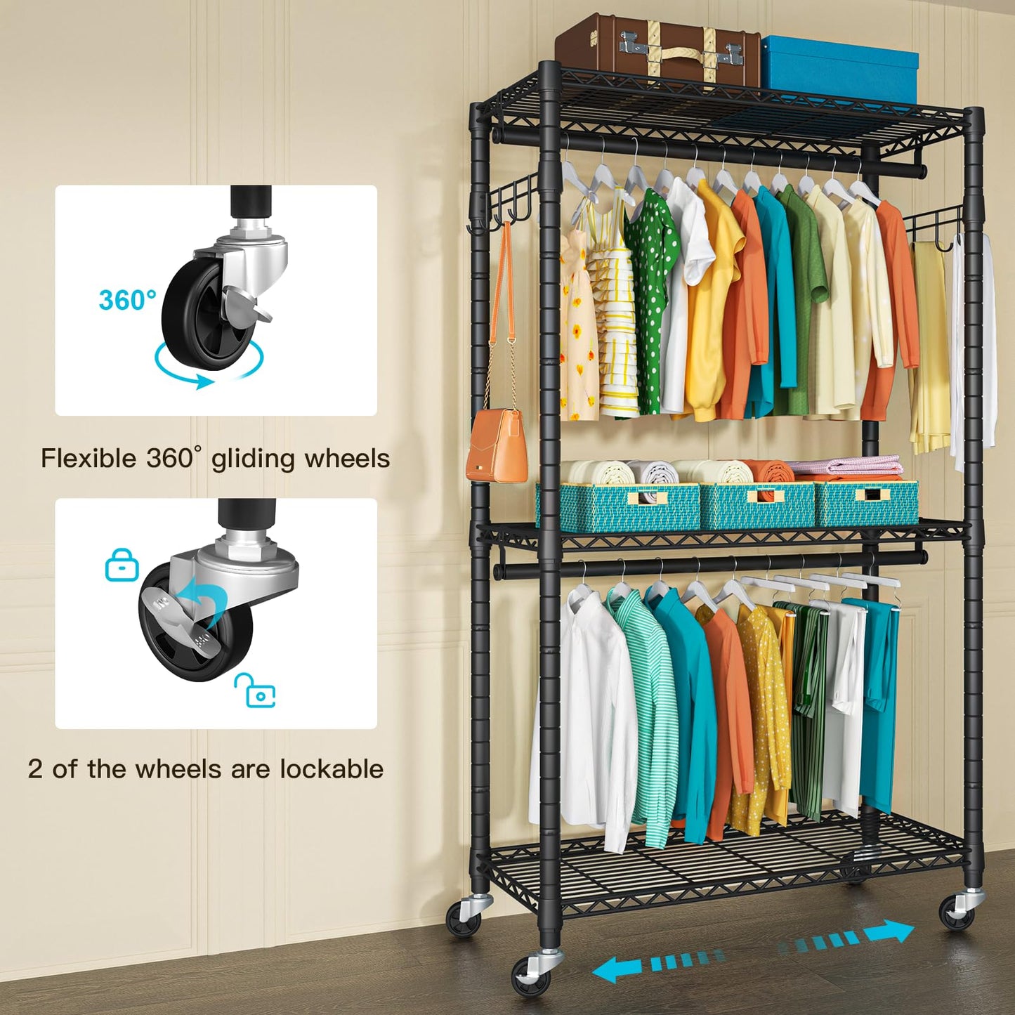 FUTASSI P1 and P1 Medium Black Clothes Rack Bundle, Rolling Closet Rack with Wheels, Metal Garment Rack for Hanging Clothes, Clothing Storage Wardrobe