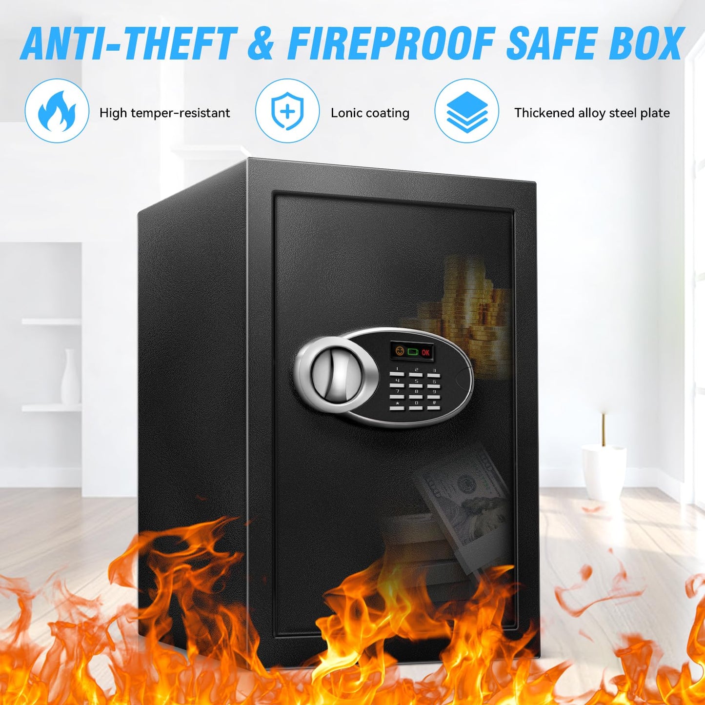 16.54" Tall Large Safe Box with Fireproof Waterproof for Documents - Steel Security Personal Fire Safe with Digital Keypad, Emergency Battery Box & Combination Lock, Safety Box for Valuables Money