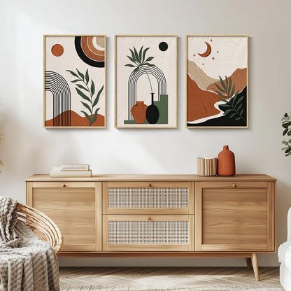 Framed Boho Sage Green Wall Art for Living Room, Large Mid Century Modern Tropical Leaf Canvas Artwork for Walls, 3 Piece Beige Orange Bohemian Wall Art Prints for Bedroom Kitchen Hallway, 16x24 Inch