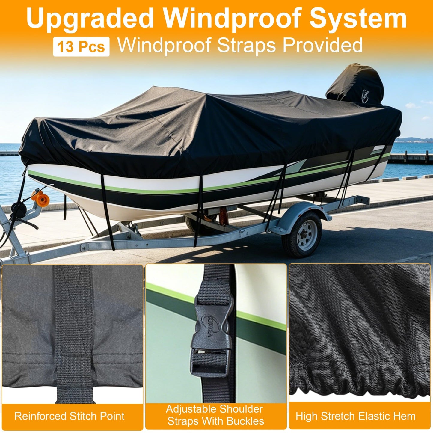 Kipiea 1300D Boat Cover - Heavy Duty Waterproof Boat Covers and Motor Cover, Double PU Waterproof, Fits V-Hull, Fish & Ski, Pro-Style, Bass Boats, Fishing (20'-22' Long X 100" Wide)
