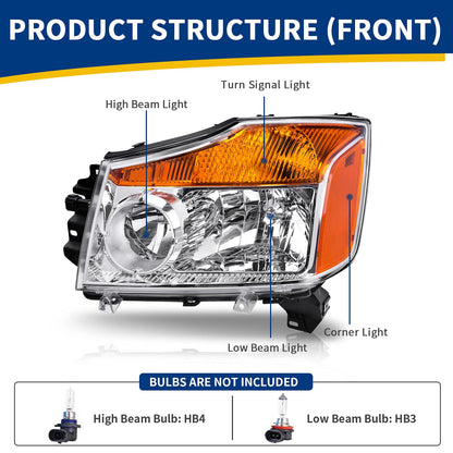 AUTOSAVER88 Headlights Assembly Compatible with 2004-2015 04-15 Titan 2004 Pathfinder Armada 2005-2007 Armada Headlamp Replacement Chrome Housing Amber Reflector Pair (Passenger and Driver Side)