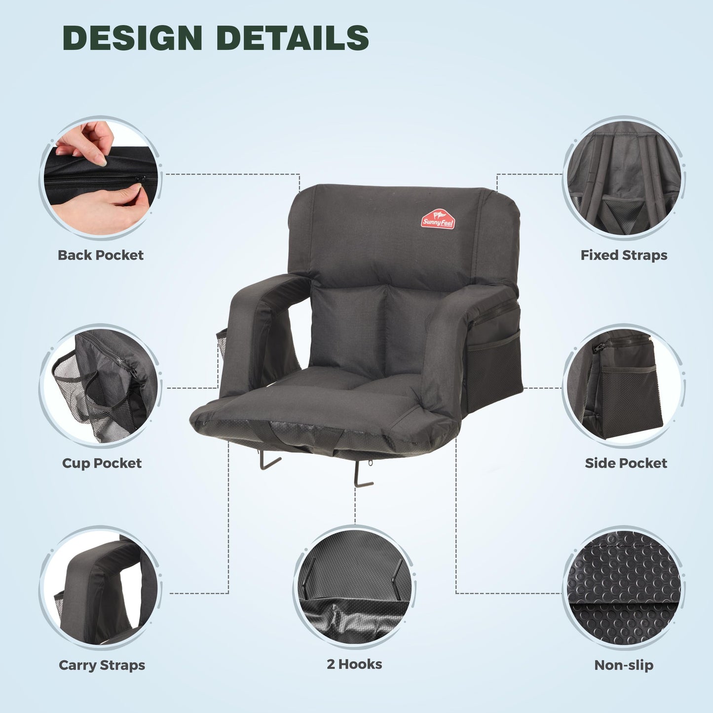 SUNNYFEEL Stadium Seat with Back Support Thick Cushion 6 Reclining Positions 264lbs Capacity Sofa Style Design with Side Pockets for Camping Beach Picnic Sports