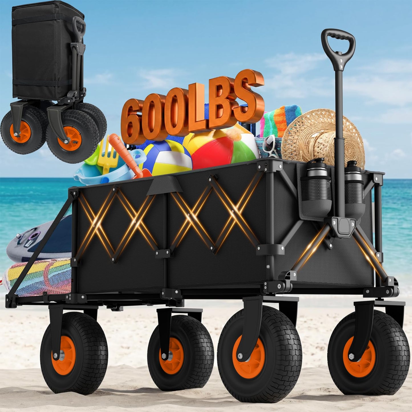 Beach Wagon with Big Wheels for Sand - Heavy Duty 10" Wheel Collapsible Wagons Foldable Large Wagon Cart Folding All Terrain for Camping