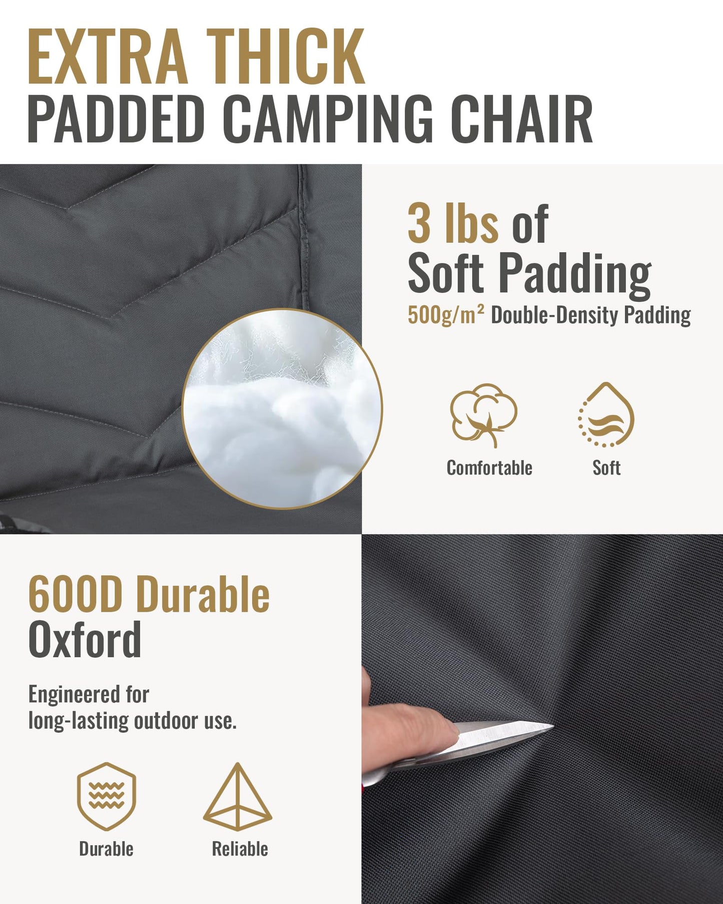 KingCamp Oversized XL Camping Chair, Heavy Duty 500lbs Folding Couch for Adults, Padded Large Comfortable Sofa Seat with Cooler Bag Cup Holder for Outdoor Sports Fishing Patio Lawn, Black/Grey