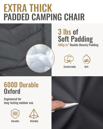 KingCamp Oversized XL Camping Chair, Heavy Duty 500lbs Folding Couch for Adults, Padded Large Comfortable Sofa Seat with Cooler Bag Cup Holder for Outdoor Sports Fishing Patio Lawn, Black/Grey