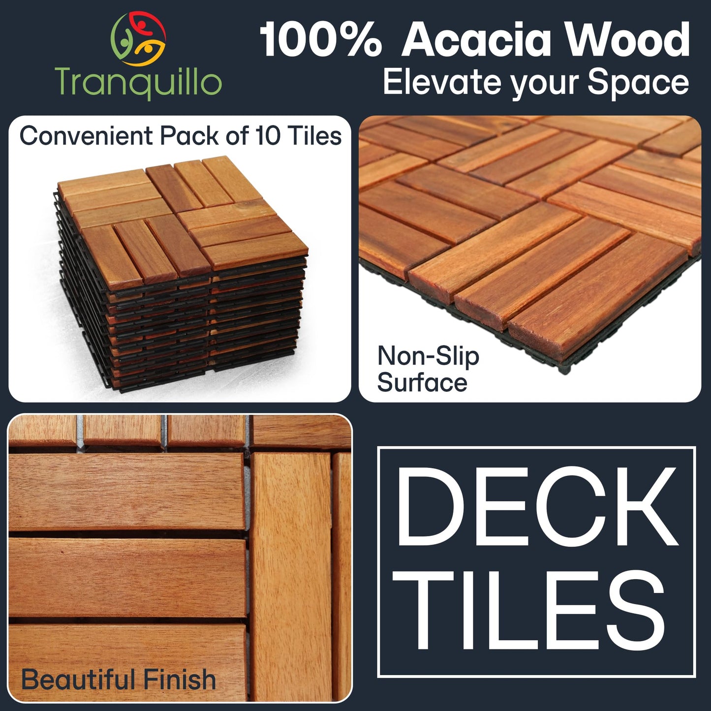 Tranquillo Interlocking Deck Tiles 12”x12”, Acacia Wood Patio Tiles, Waterproof Flooring Tiles for Indoor and Outdoor – Non-Slip, Easy Installation (Natural - Crossed Pattern, 30 Pcs - 30 Square Ft)