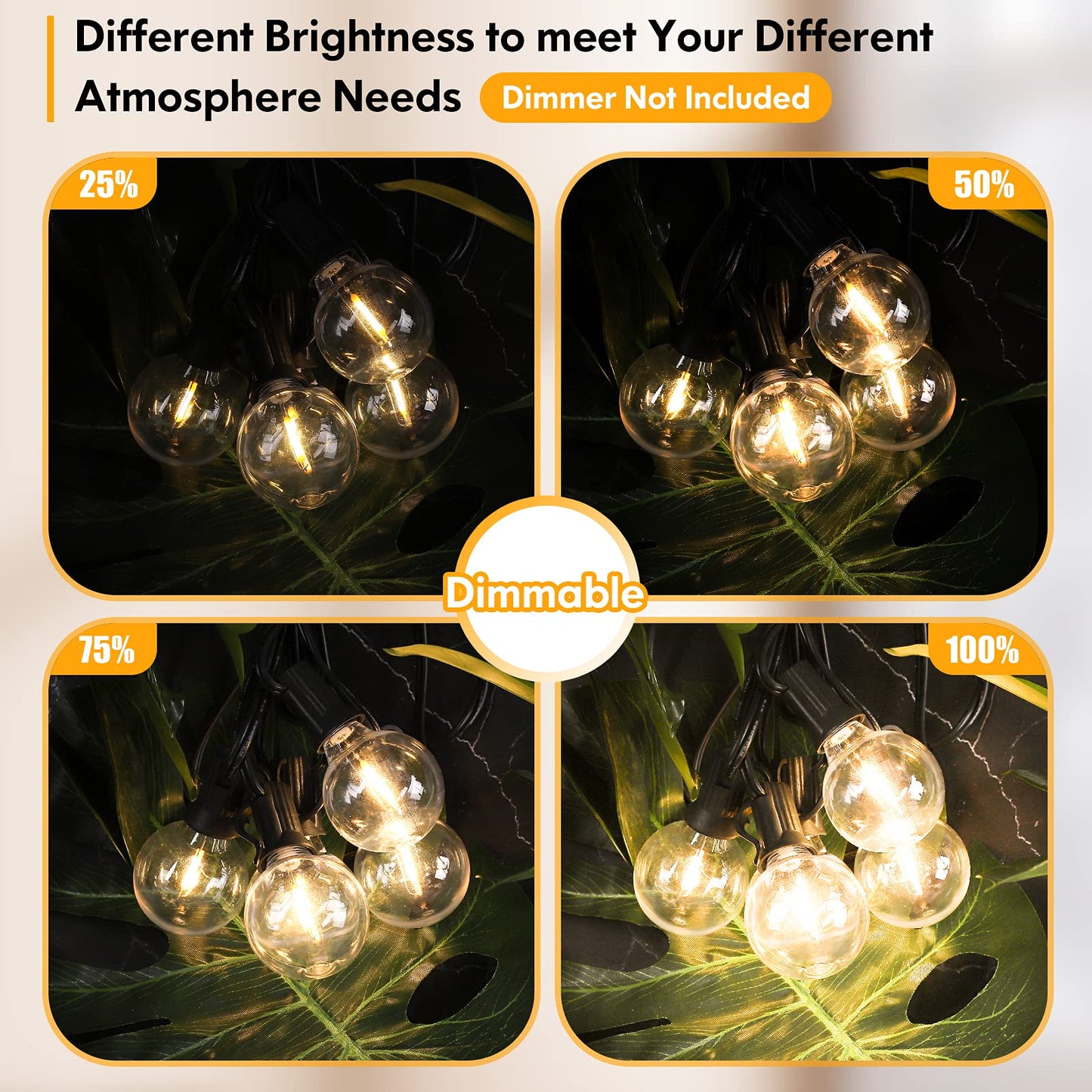 100FT LED Outdoor String Lights Patio Light with 52 Shatterproof G40 Dimmable Globe Bulb, 2-Pack 50FT Waterproof Outside Hanging String Light for Christmas Backyard Porch Balcony Gazebo Party