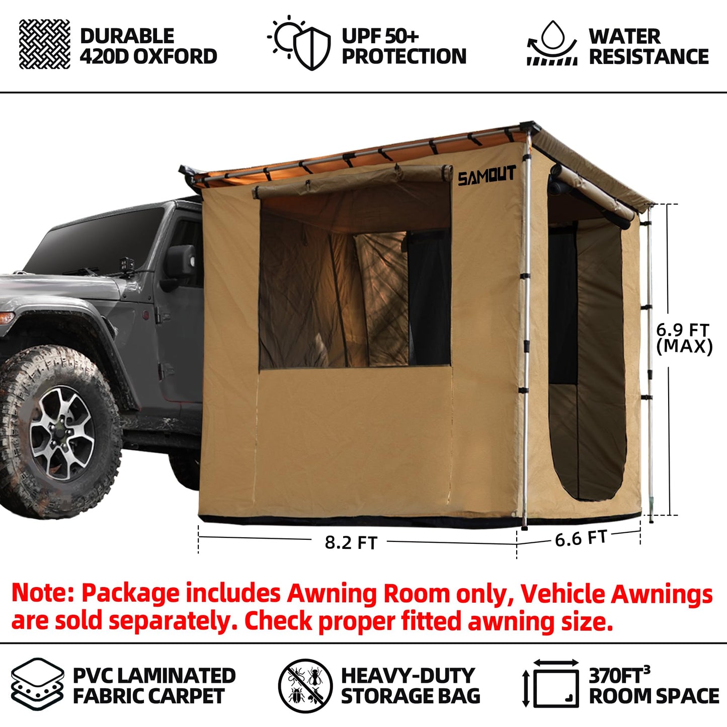 SAMOUT Vehicle Awning Room 6.6' x 8.2' Rip-Stop 420D Oxford Side Awning With PVC Floor, Waterproof & Wind Resistance, Easy Setup Design (Room Only)