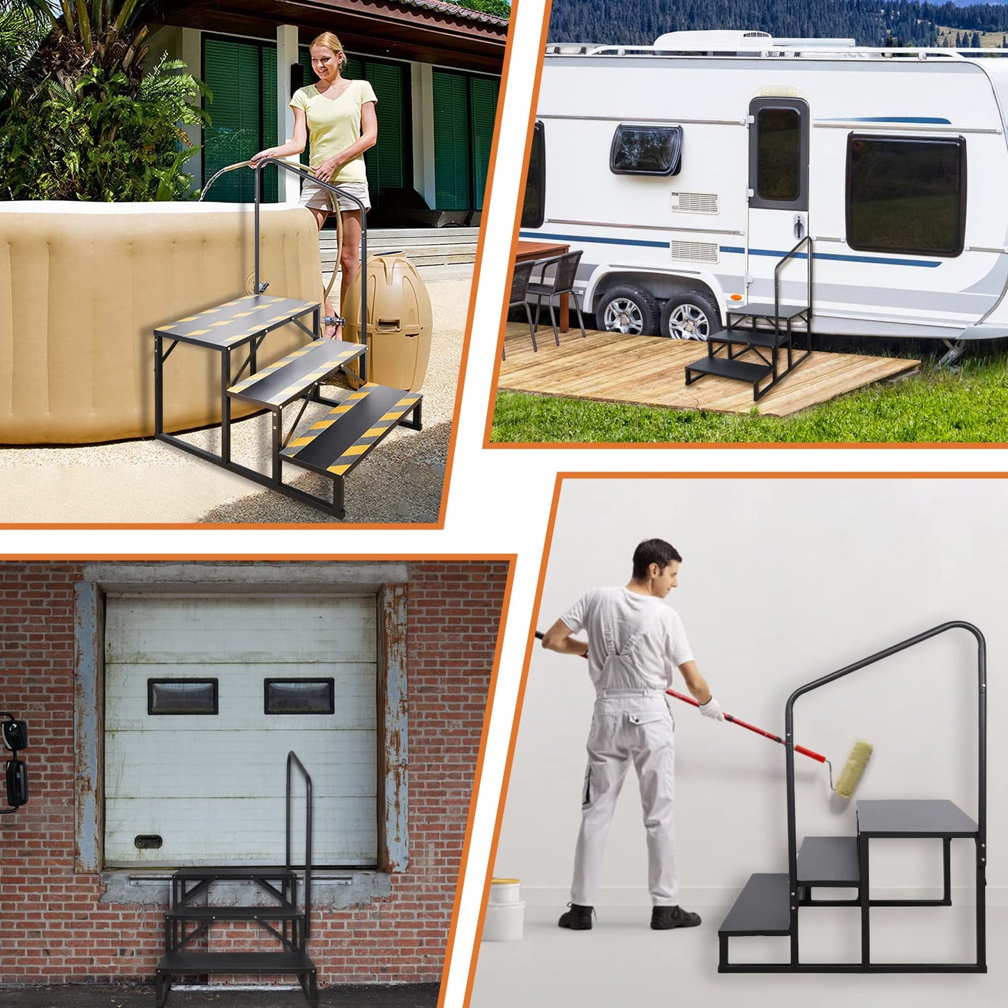 Kinchoix 3 Step RV Stairs, Hot Tub Steps, Outdoor Spa Step Ladder with Handrail,Portable Economy 5th Wheel Stair for Travel Trailer, Motor Home, Camper and Porch with Non-Skid Tapes