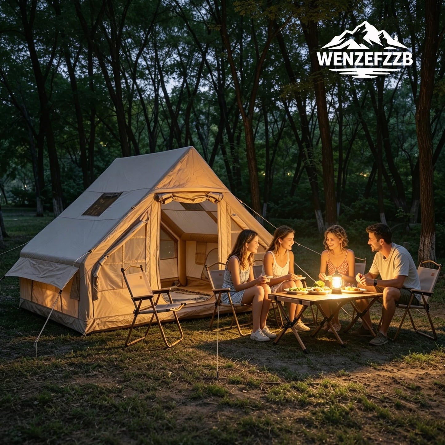 Inflatable Camping Tents with Hand Pump, Air Glamping Tents, Easy Setup Waterproof and Windproof Blow up Tent, 4 Seasons Oxford Cabin Tent with Mesh Window & Stove Jack. (9.8 * 6.9ft)