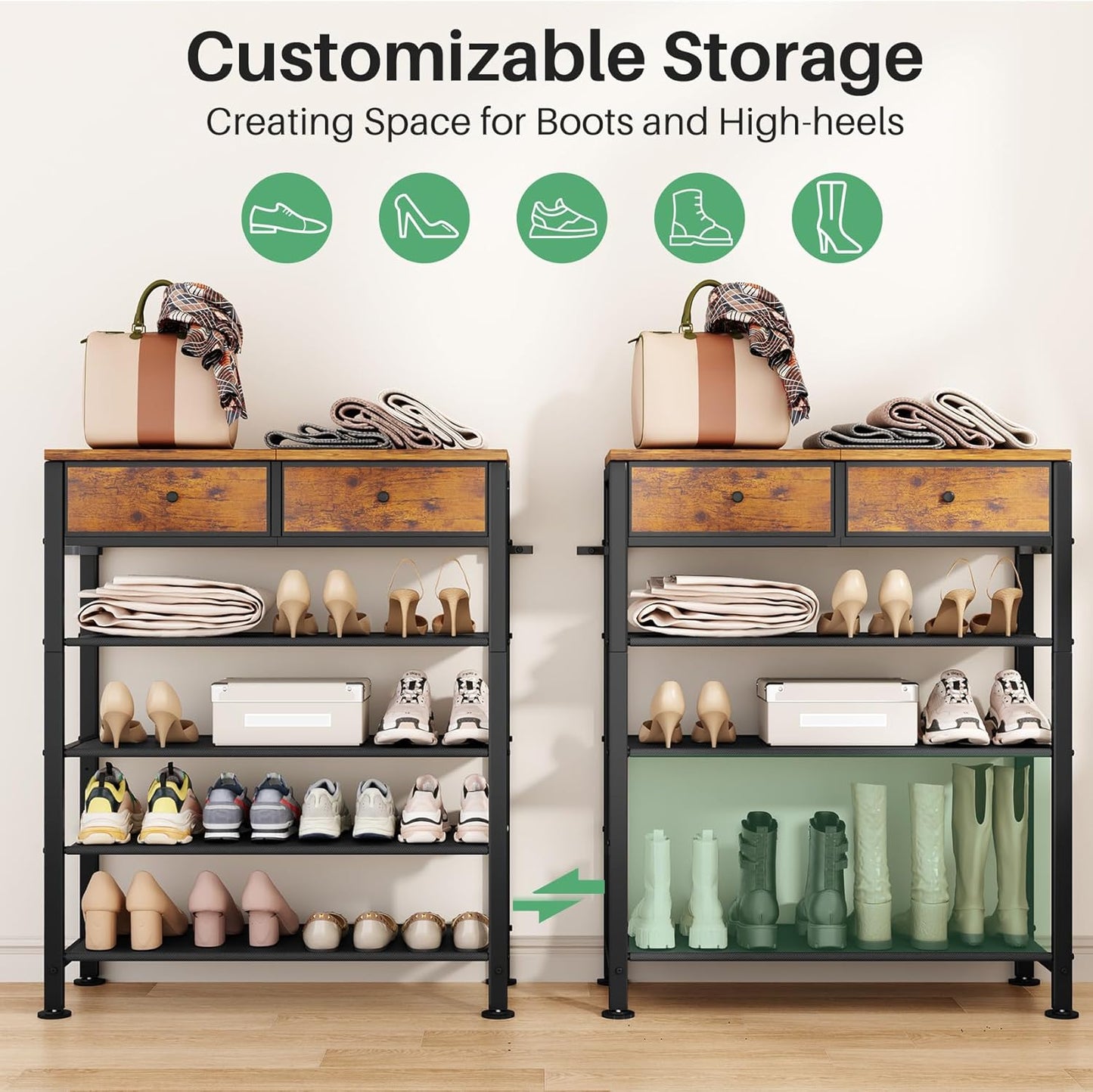 Kitstorack Shoe Rack - 4-Tier Organizer for 9-12 Pairs with 2 Drawers & Wooden Top | Rustic Brown
