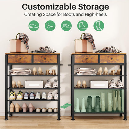 Kitstorack Shoe Rack - 4-Tier Organizer for 9-12 Pairs with 2 Drawers & Wooden Top | Rustic Brown